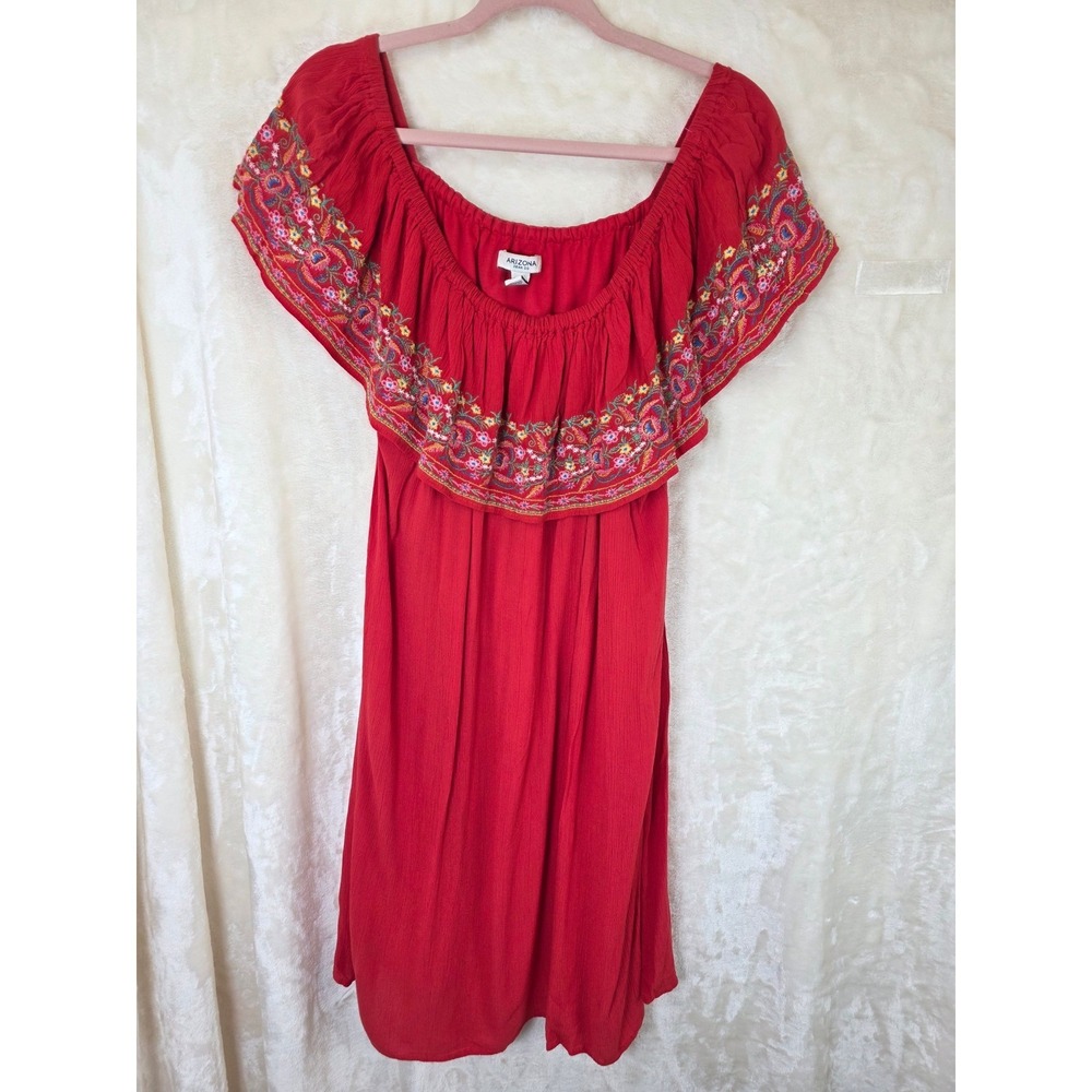 Arizona Jean Co Red Boho Off Shoulder Embroidered‎ Ruffle Dress XXL Womens